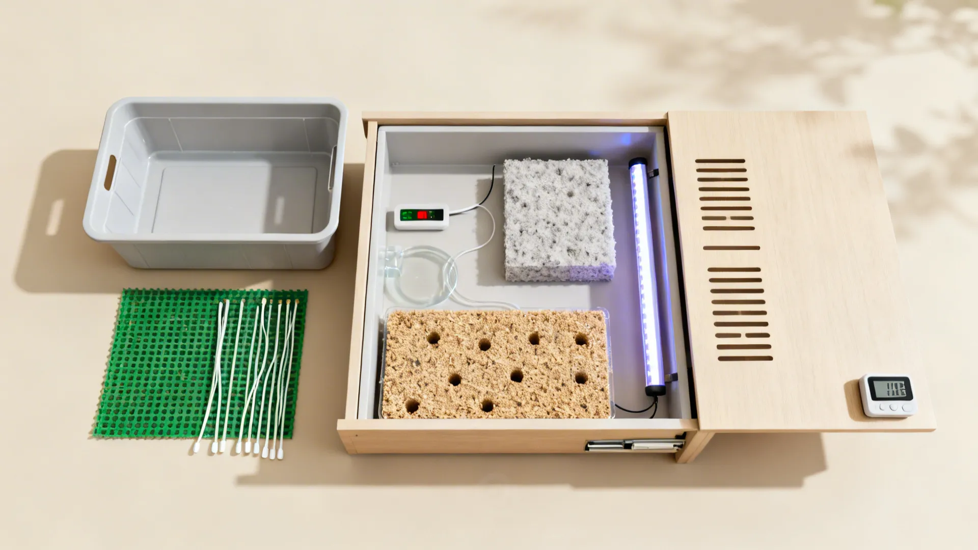 Indoor garden kit parts including plastic bin green mat light fixture and wooden drawer planting system