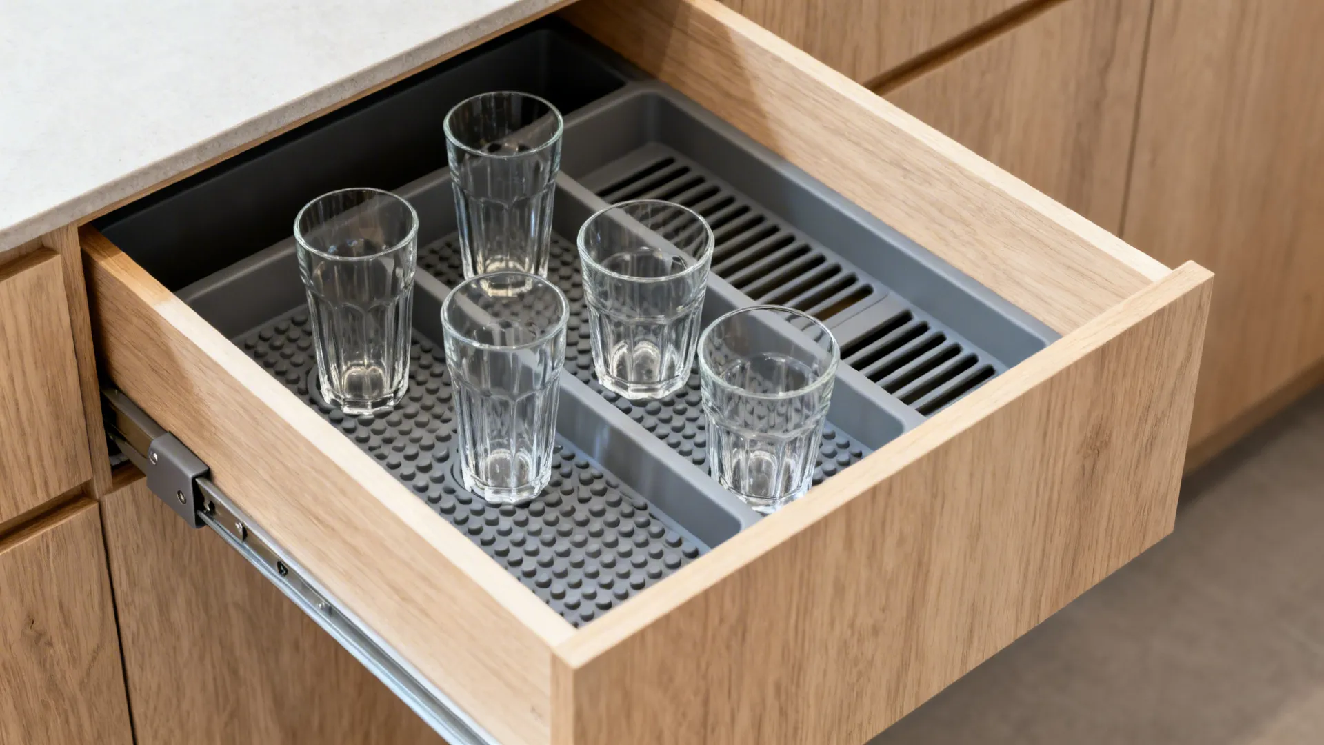 Open wooden kitchen drawer with grey plastic organizer holding five clear glass drinking cups inside it