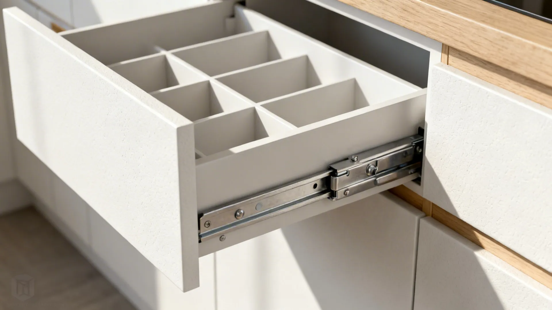 Close-up of a premium drawer glide and organizer in a minimalist kitchen drawer.