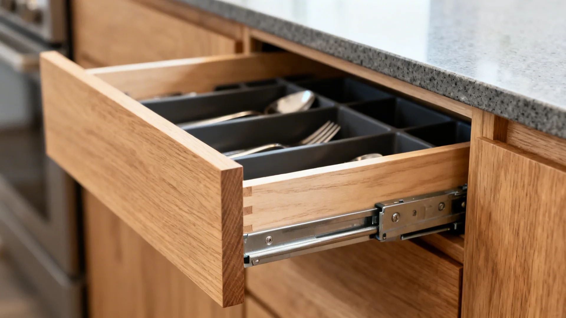 Close-up of full-extension drawer with soft-close glides and organized dividers.