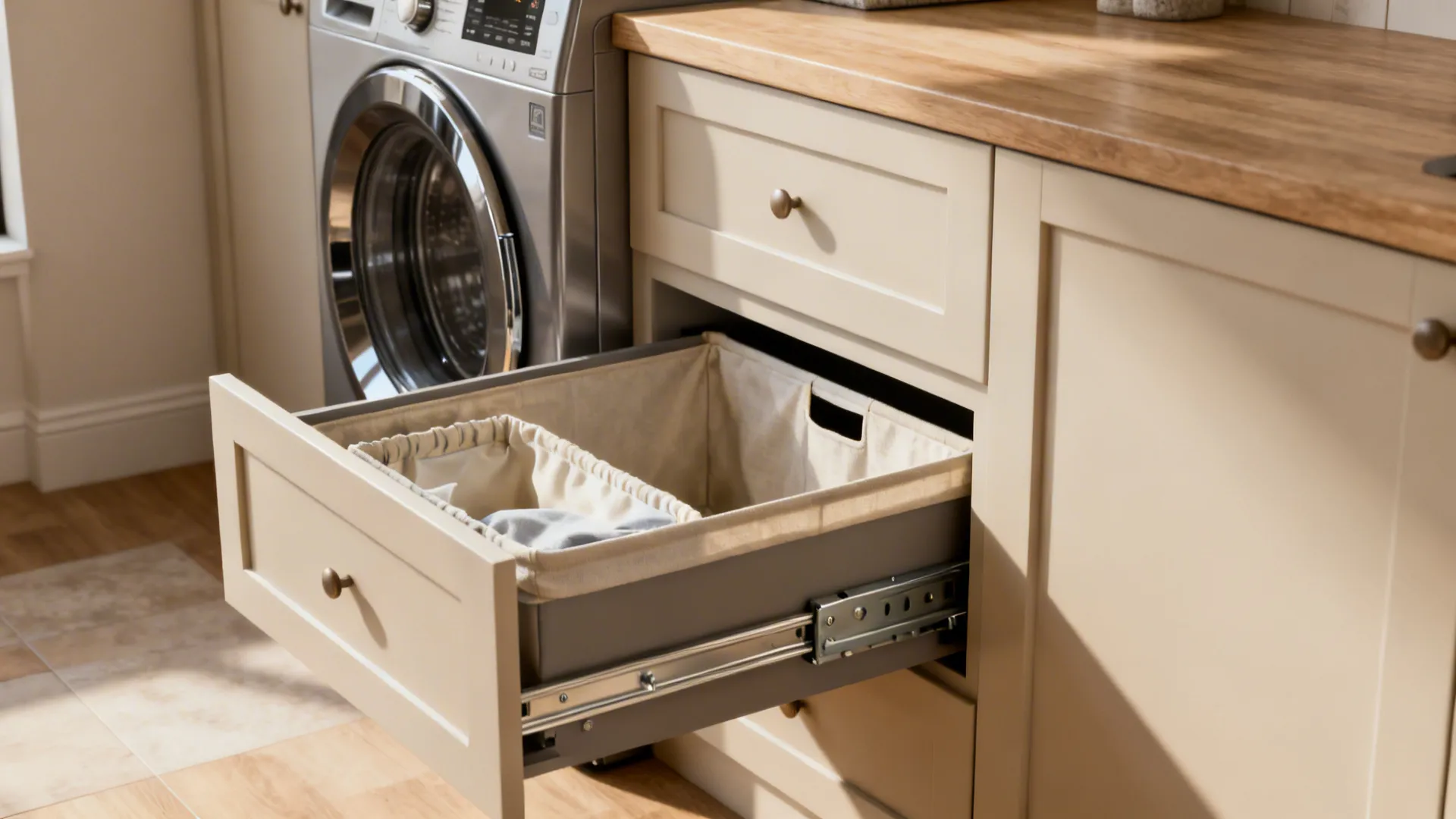 Deep built-in drawer hamper pulled out from under a countertop next to a washer.