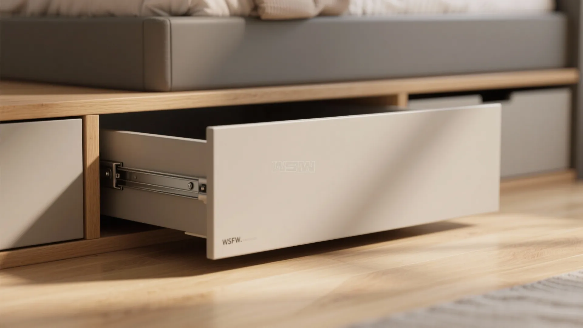 Macro view of soft-close drawer slides and matte drawer face under a loft platform.