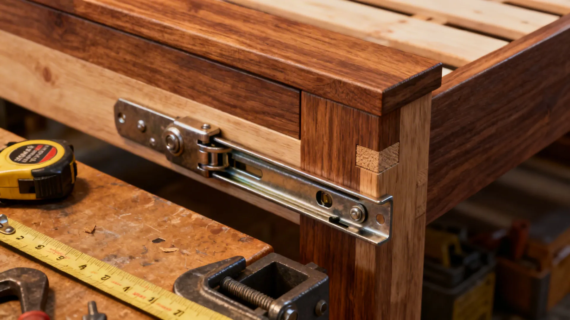 Close-up of heavy-duty drawer slides and bed frame joinery with tools on a workbench