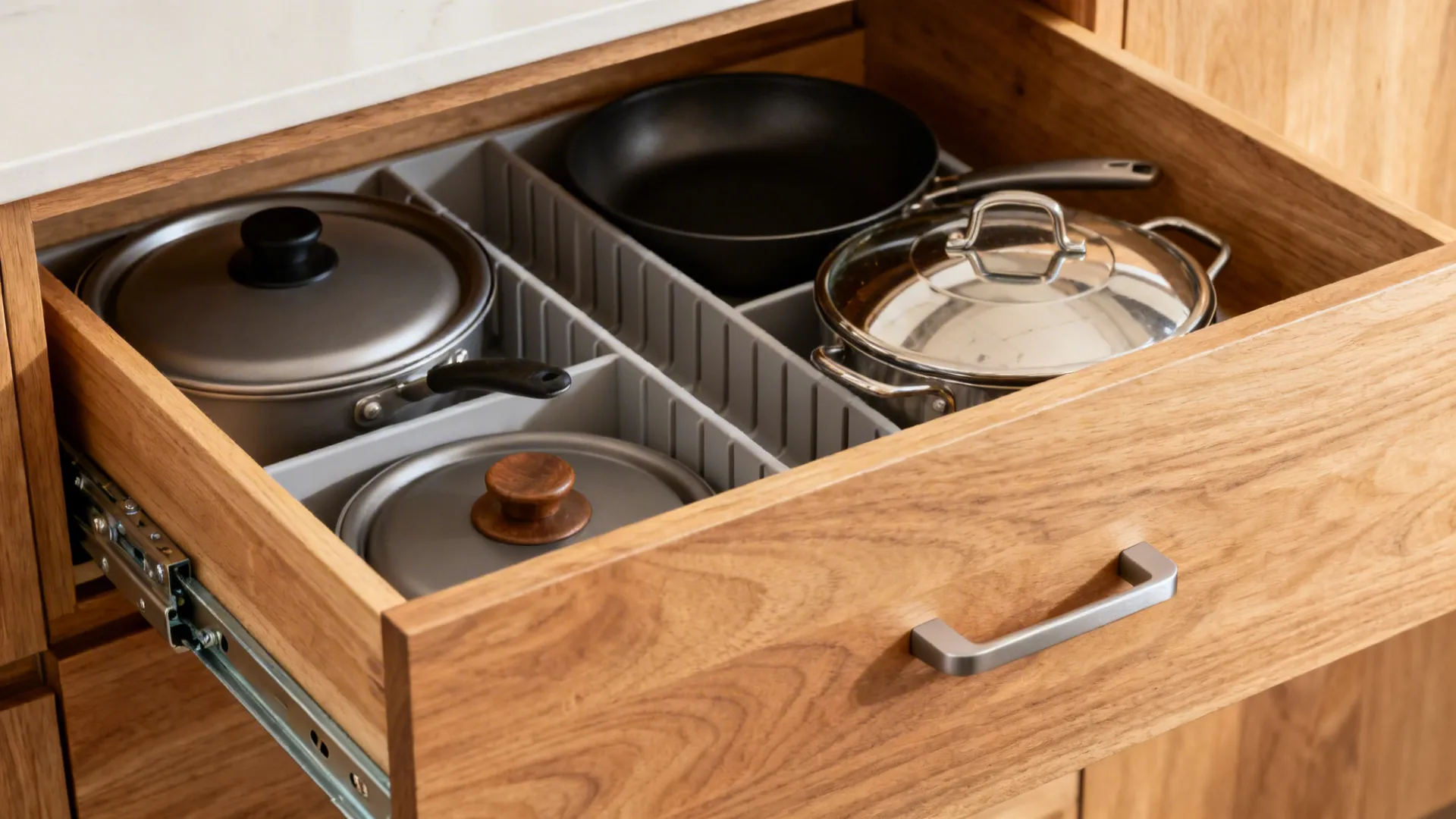 Macro of an organized deep kitchen drawer with adjustable dividers on full-extension heavy-duty slides.