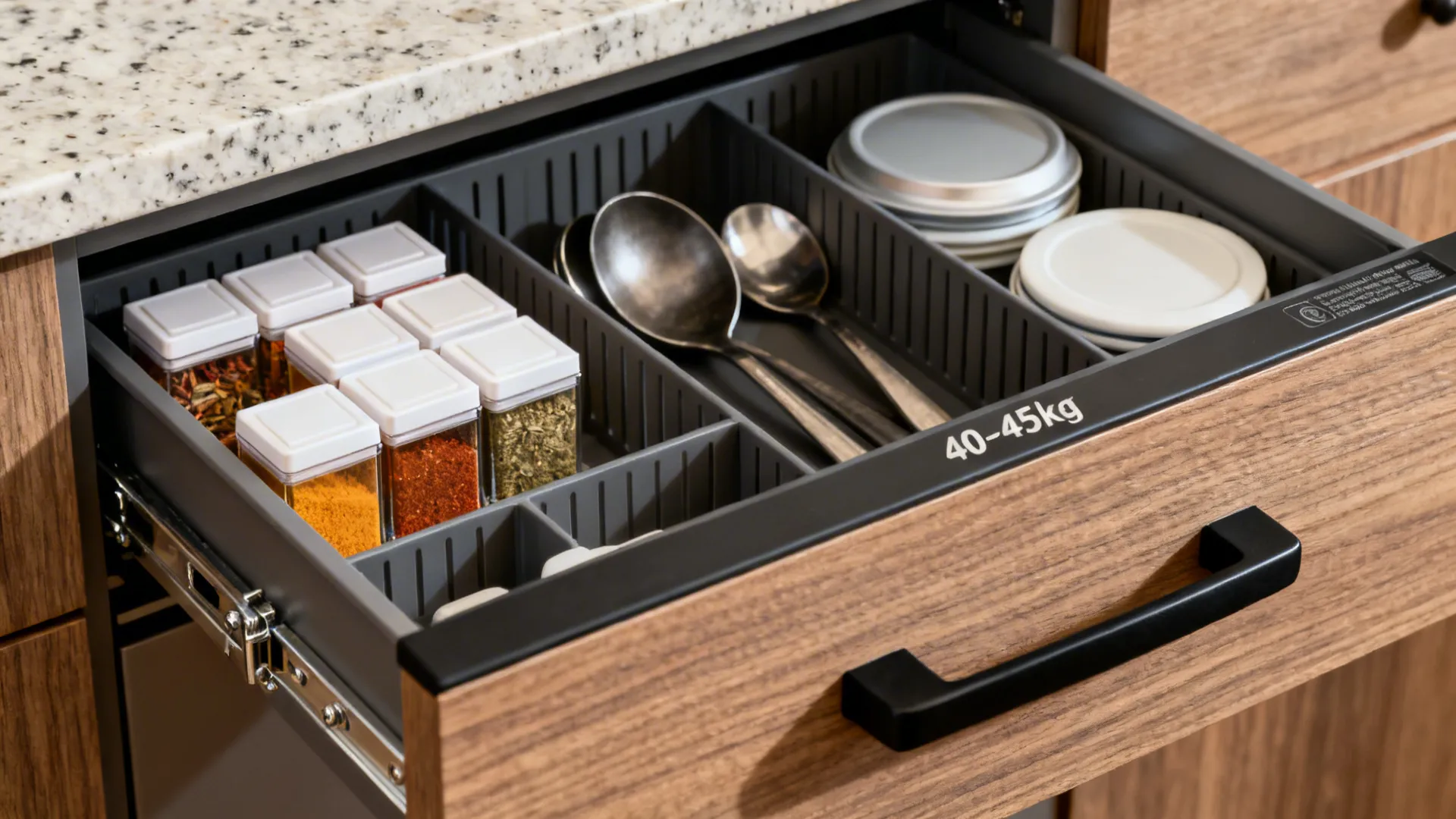 Close-up of a soft-close deep kitchen drawer with dividers and sturdy undermount channels.