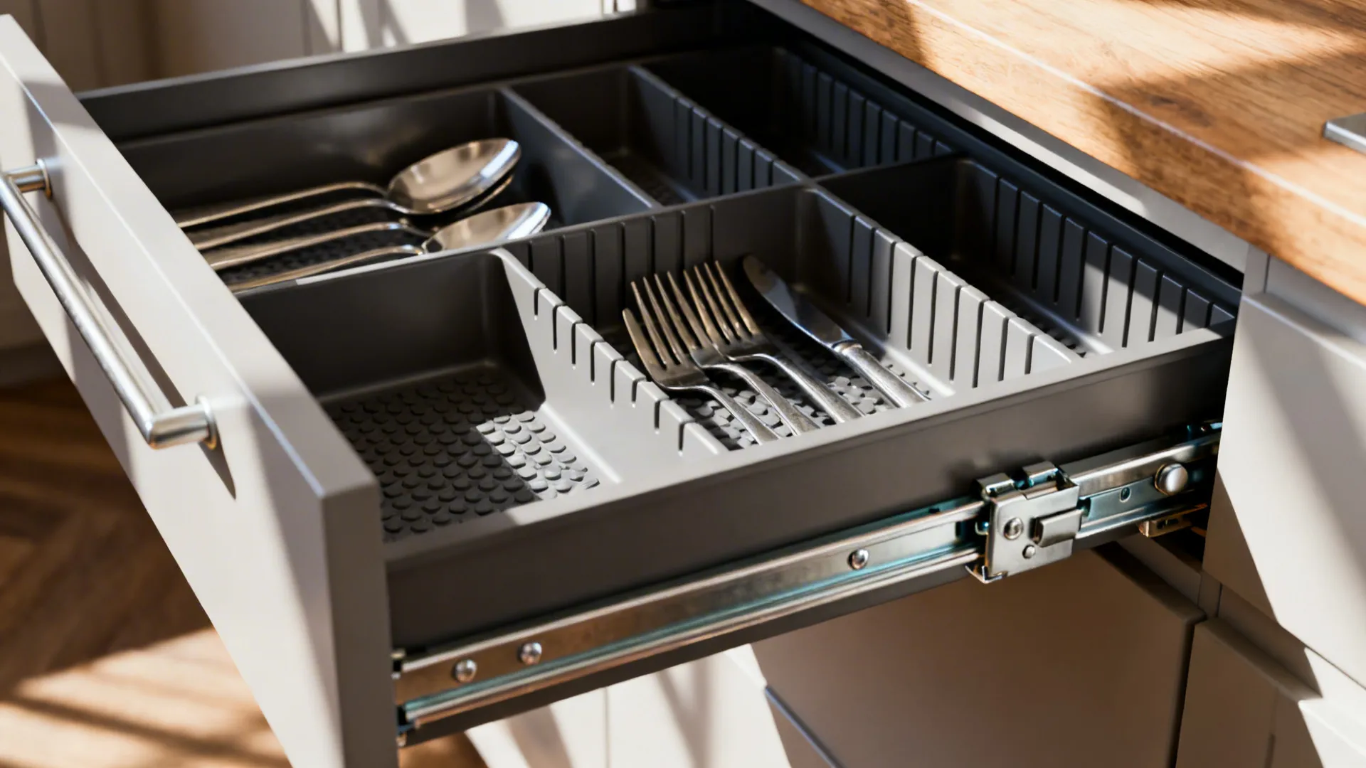Macro of deep kitchen drawer with premium undermount slides and organized cutlery dividers.