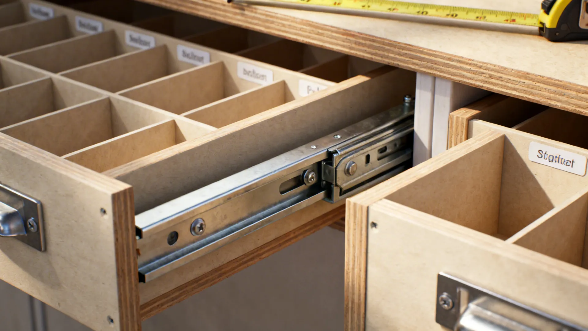 Close-up of soft-close drawer runners, labeled dividers and measuring tape for side table planning
