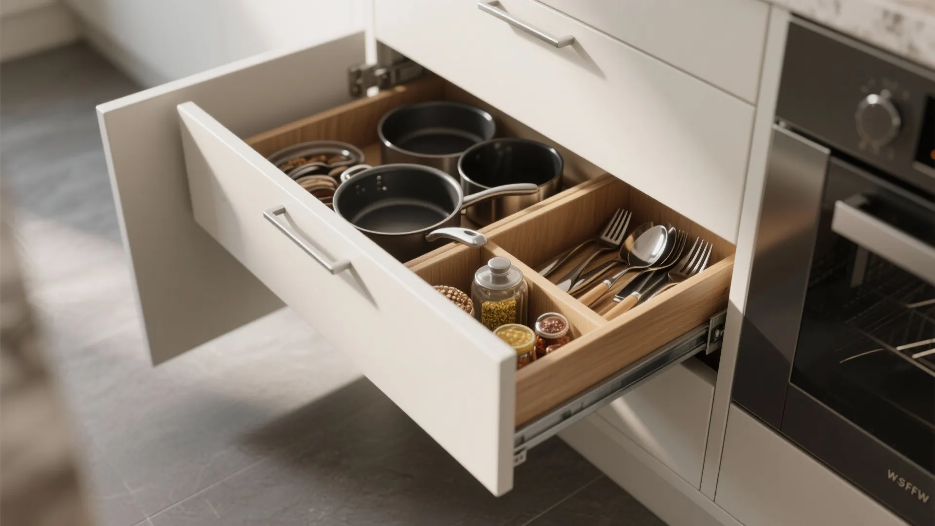 Open white kitchen drawer with wooden dividers holding pots silver spoons forks and spice jars