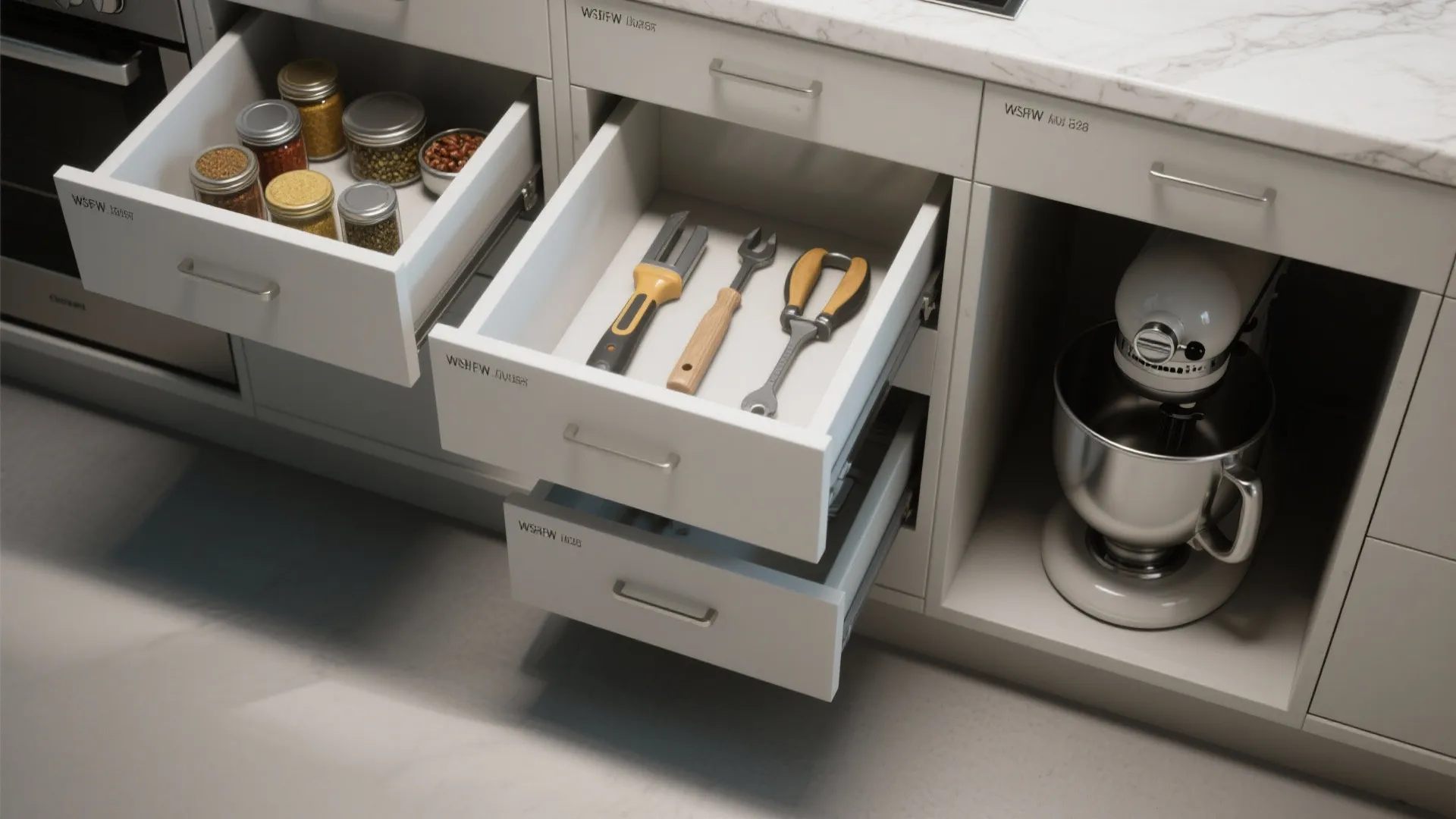 Modern white kitchen cabinet showing open drawers with spice jars tools and a metal mixer