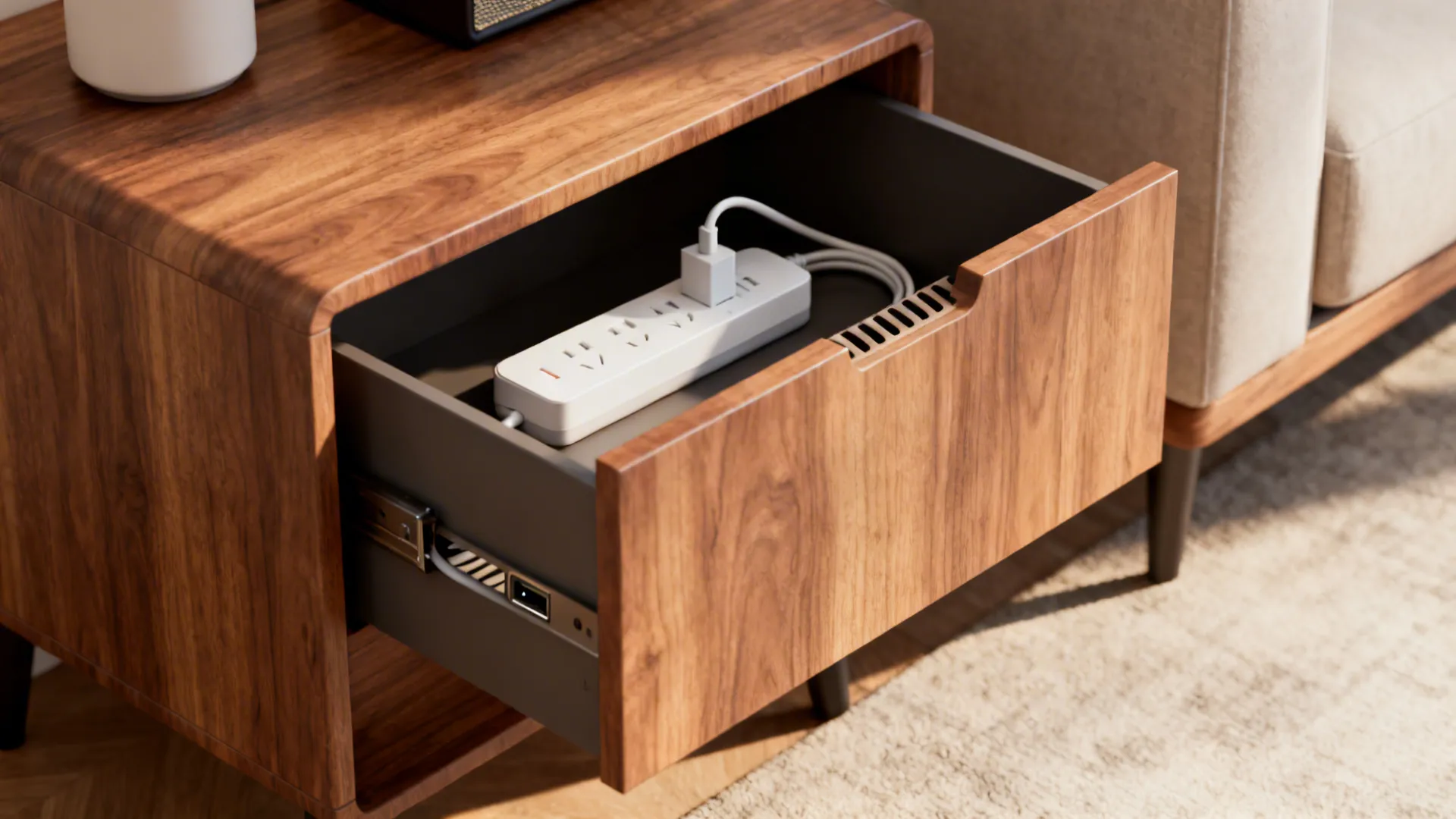 Drawer end table opened to show an internal power strip and back cable port for hidden charging