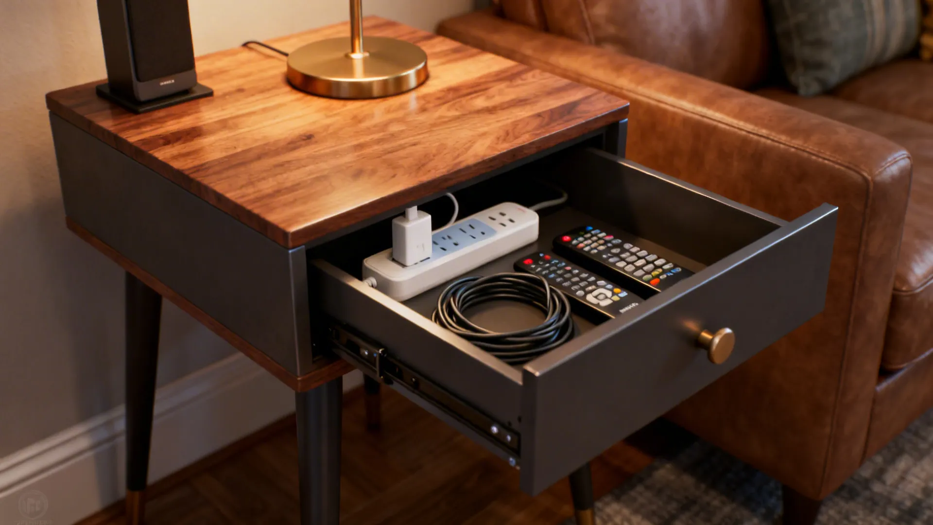 End table drawer open to show a hidden power strip and organized charging cables