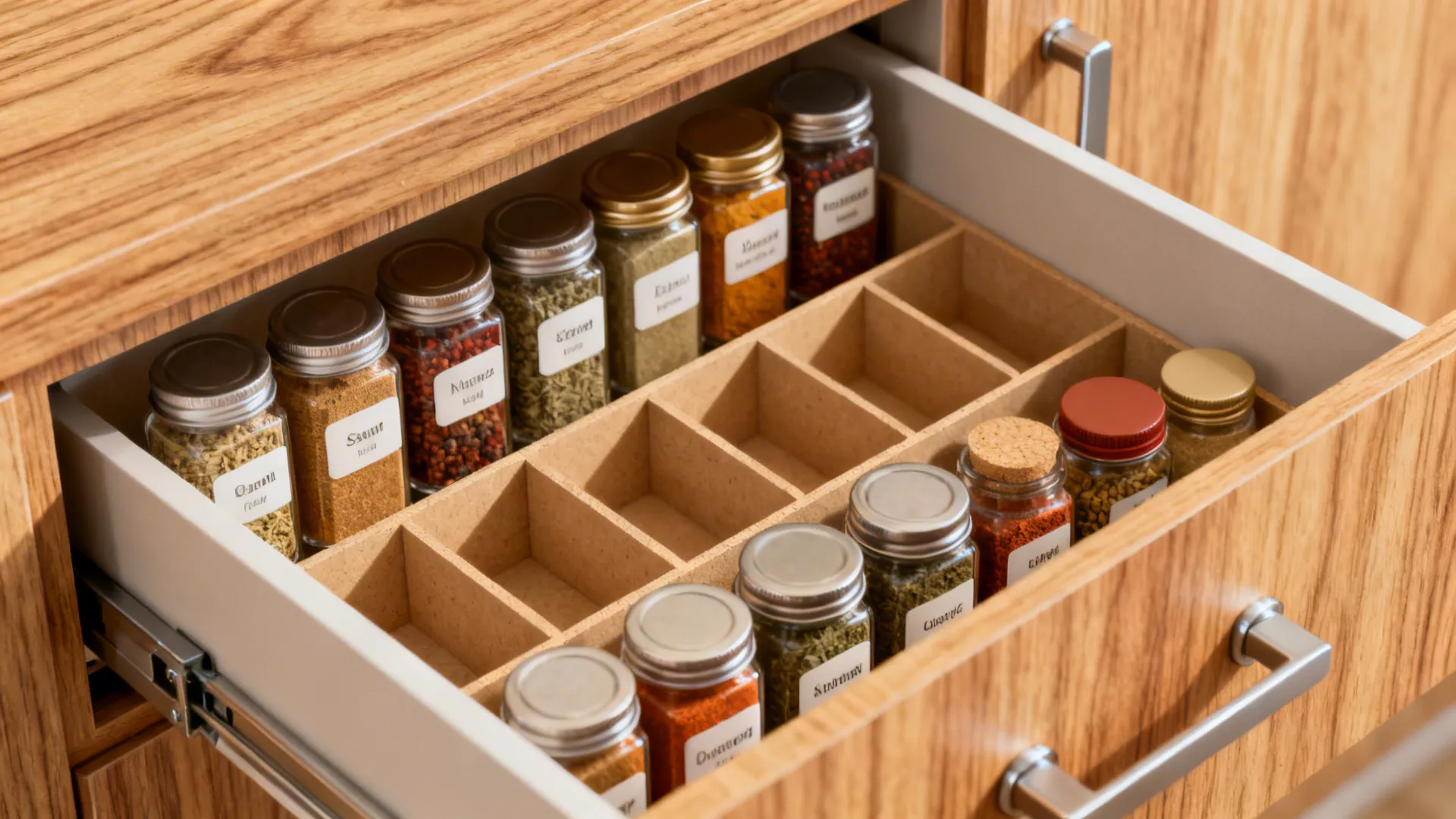 Open wood kitchen drawer with a grid organizer holding various glass spice jars with white labels