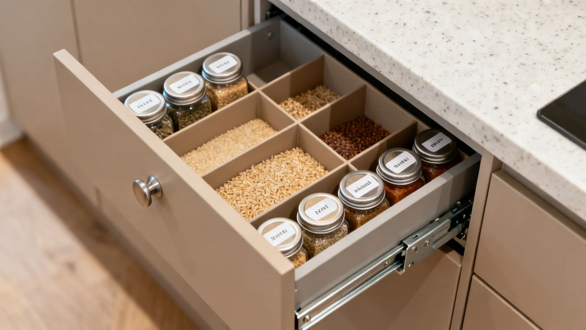 Open kitchen drawer showing a divider insert filled with spice jars and various dry grains