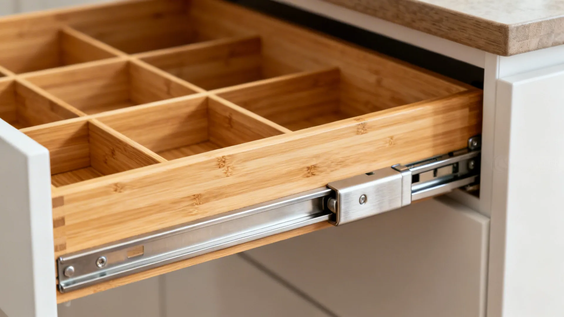 Macro detail of bamboo and steel adjustable drawer dividers with soft-close hardware.
