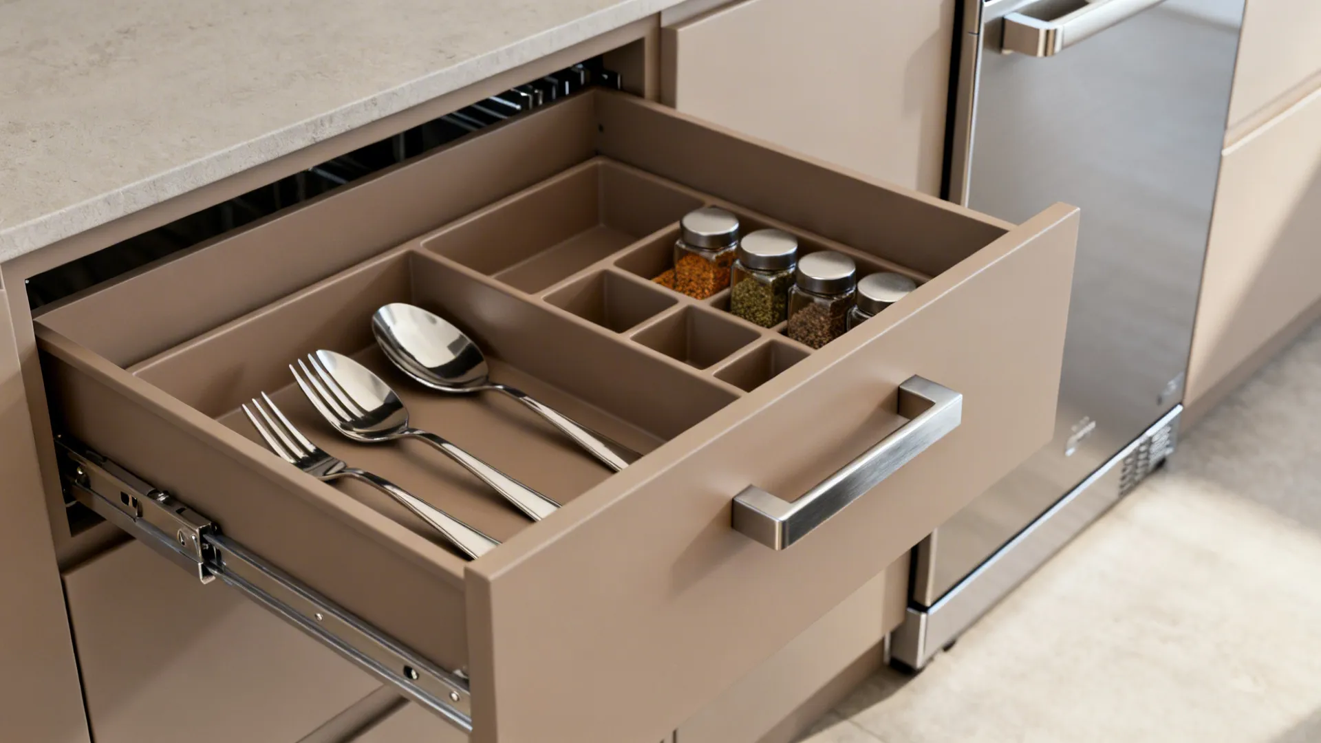 Macro of organized deep drawer inserts for utensils and spices beside a slim dishwasher panel.
