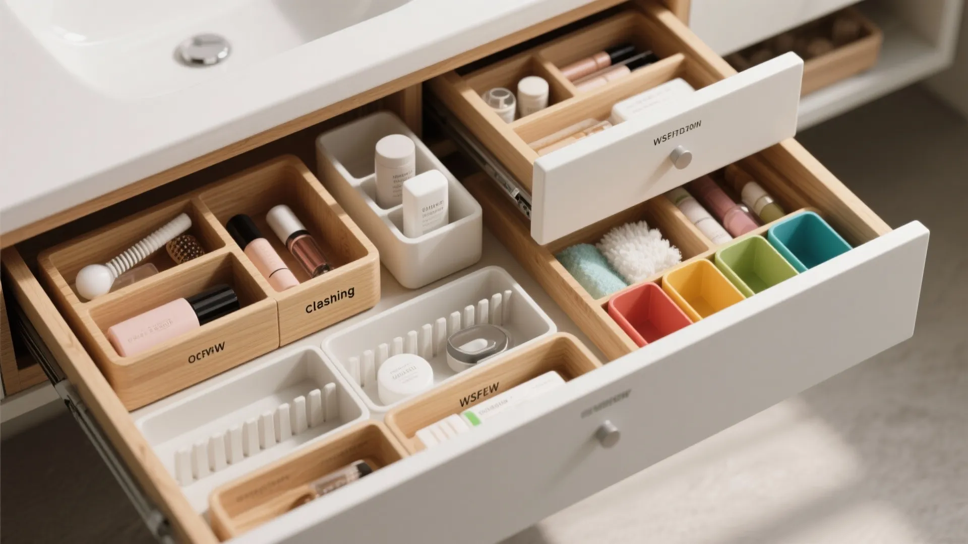 Modern bathroom cabinet drawers with wooden dividers organizing various beauty products and small colorful plastic bins