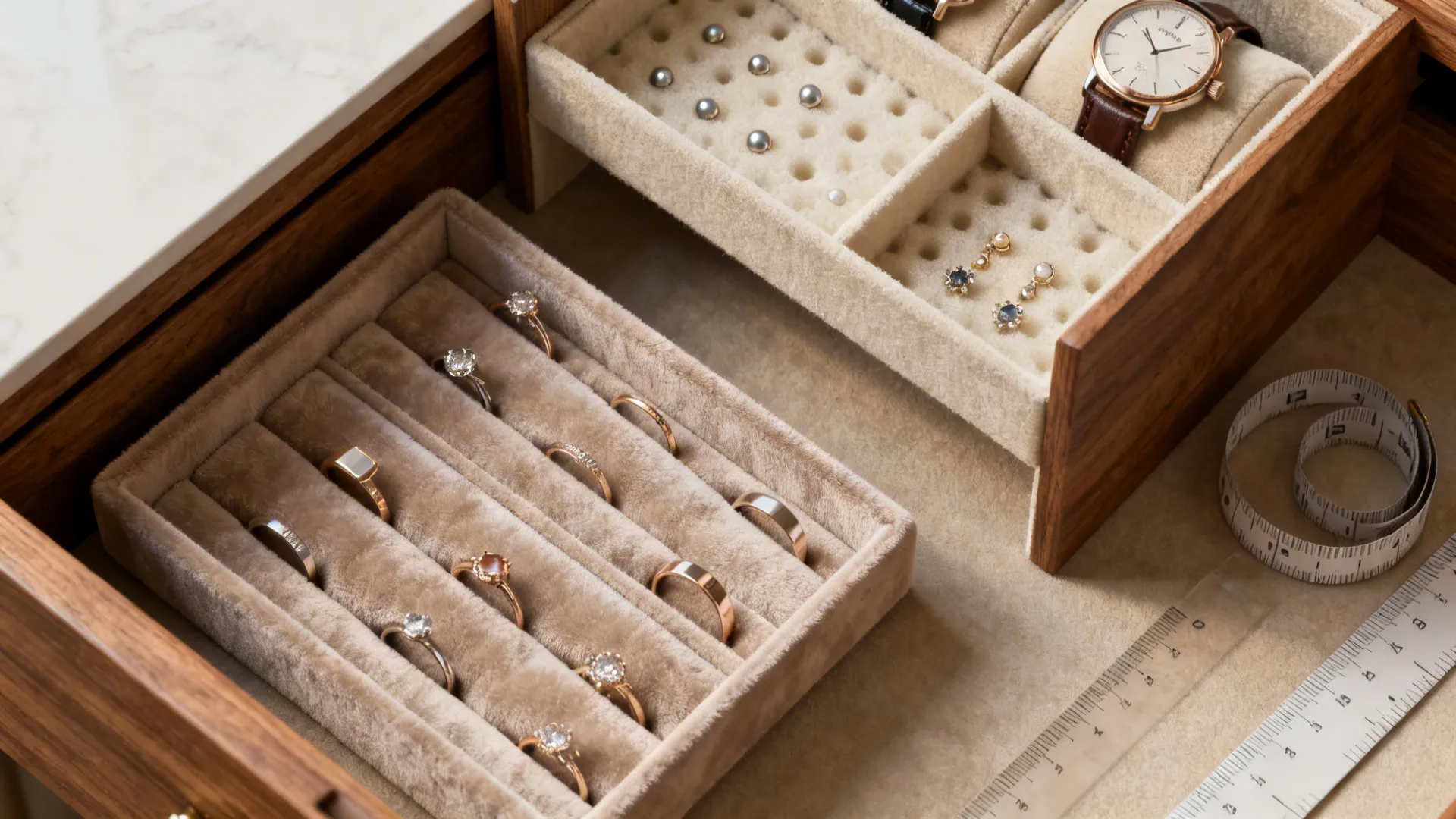 Top-down view of velvet trays and segmented drawer inserts holding rings, earrings, and watches.