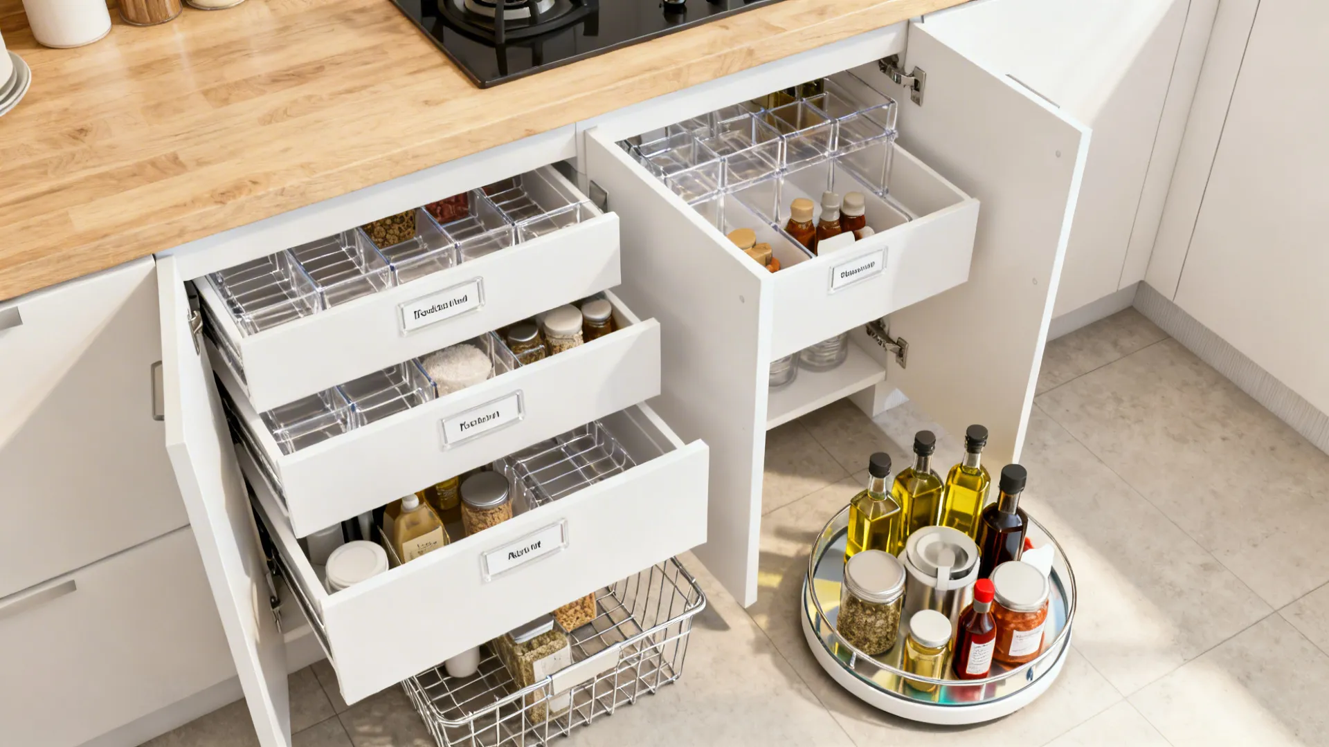 Top-down view of drawer dividers, under-shelf basket, and a lazy Susan organizing a cabinet.