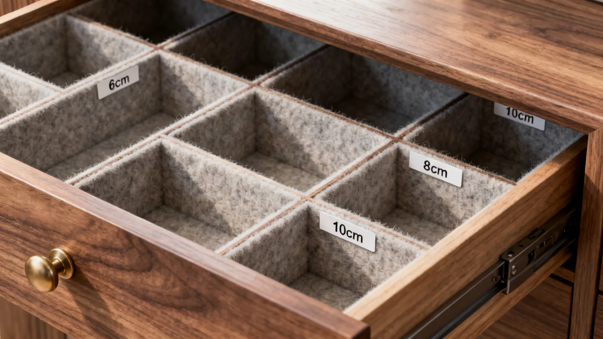 Detailed view of an organized drawer interior with felt liners and quality hardware.