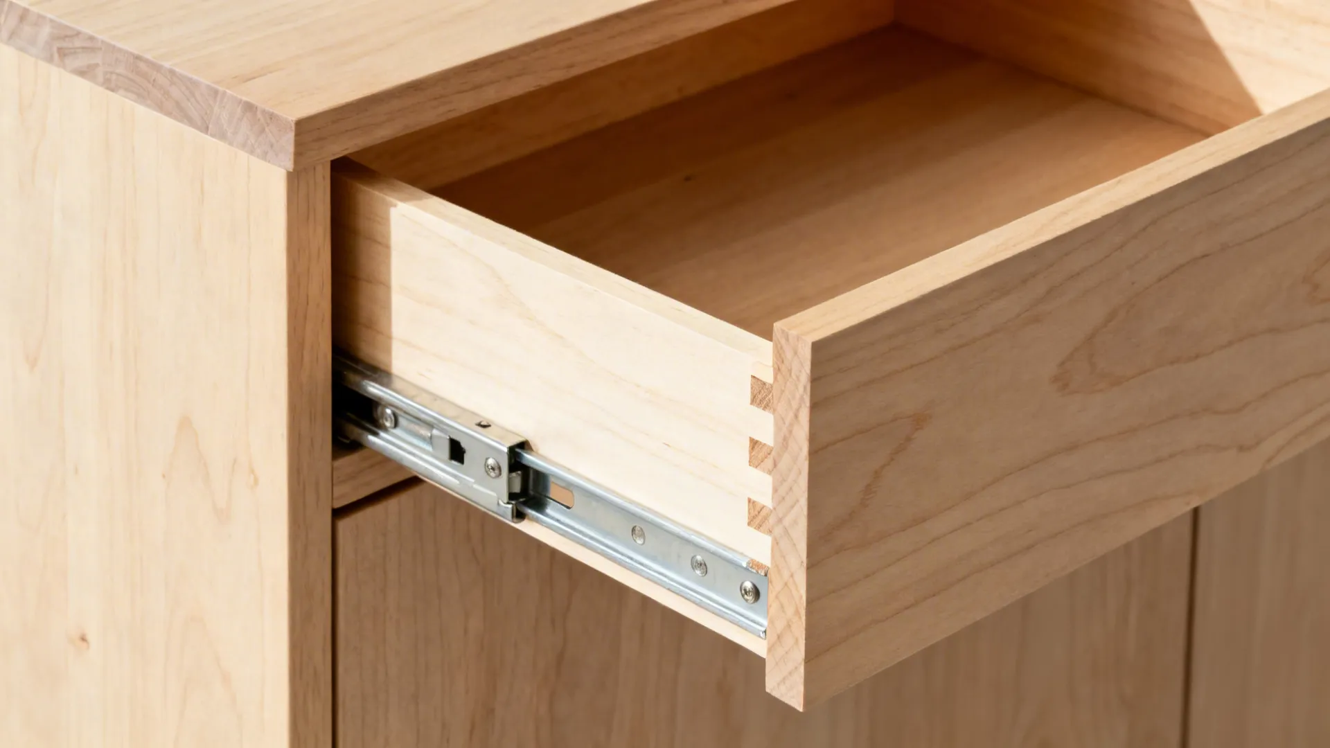 Close-up of birch dovetail joinery and undermount slide on an angled-front corner drawer.