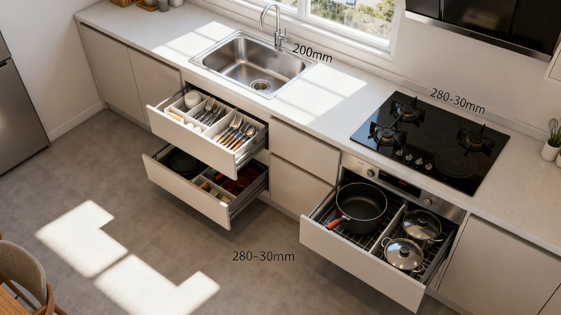 Top-down view of a drawer-first base layout with organized tiers and task zoning.