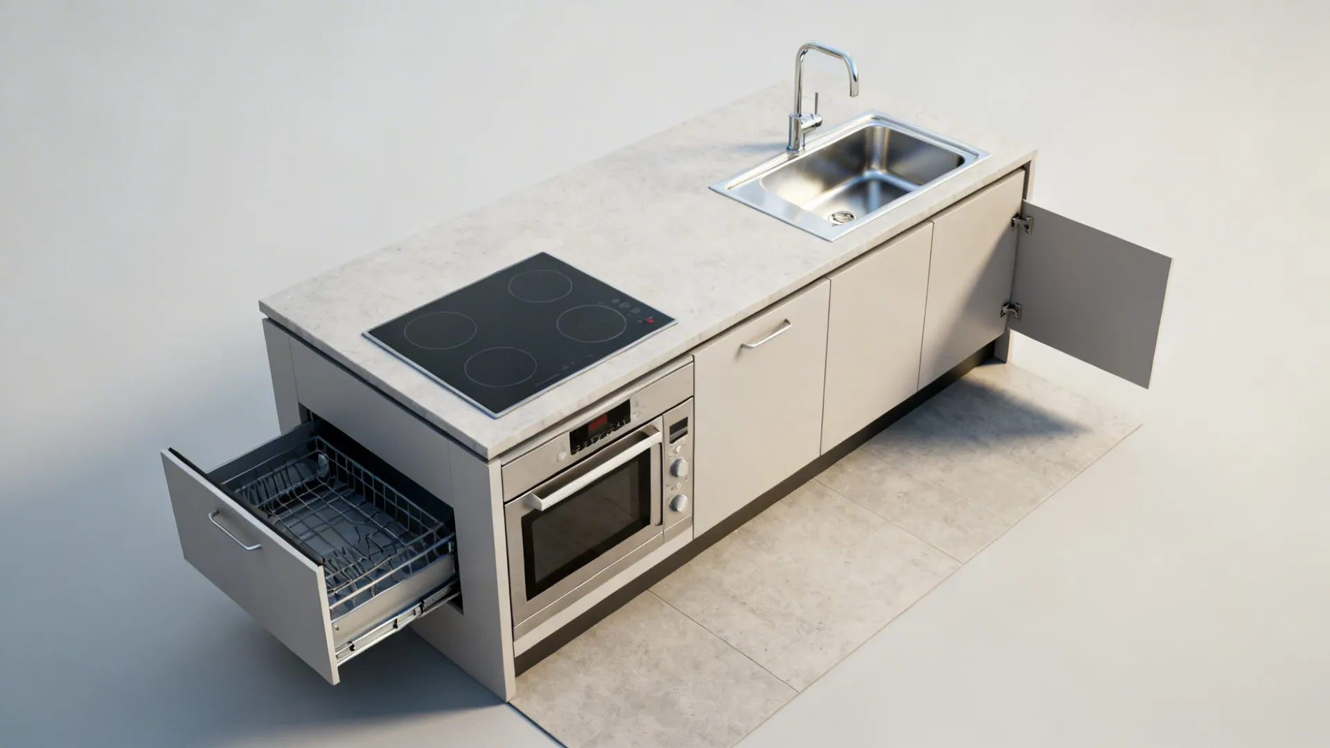 Top-down view showing microwave drawer under prep area and clear landing zones