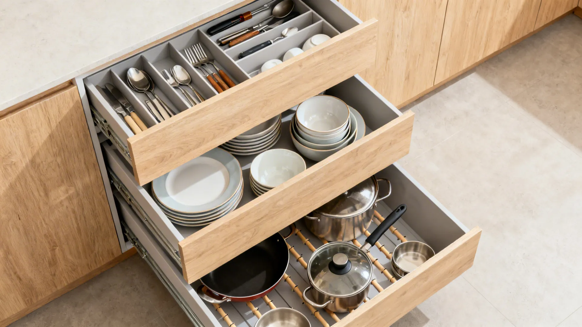 Top-down view of organized deep kitchen drawers for tools, dishes, and cookware.