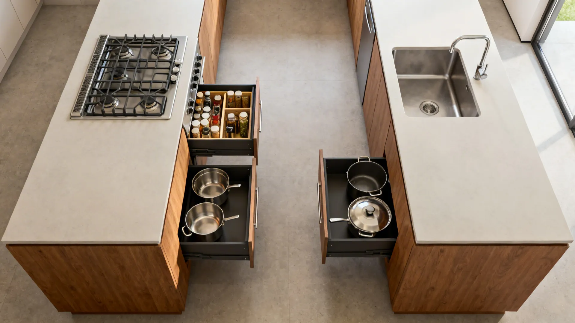 4) Base-drawer systems instead of swing-door cabinets