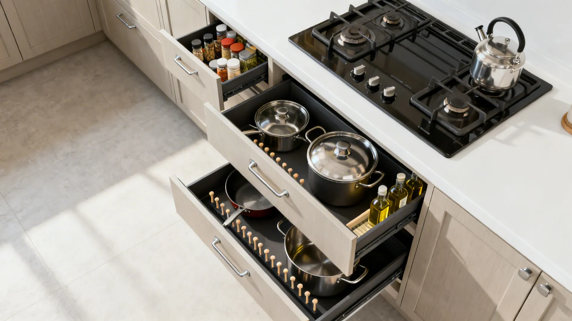 Top-down view of full-extension kitchen drawers for spices, pots, and oils in a galley layout.