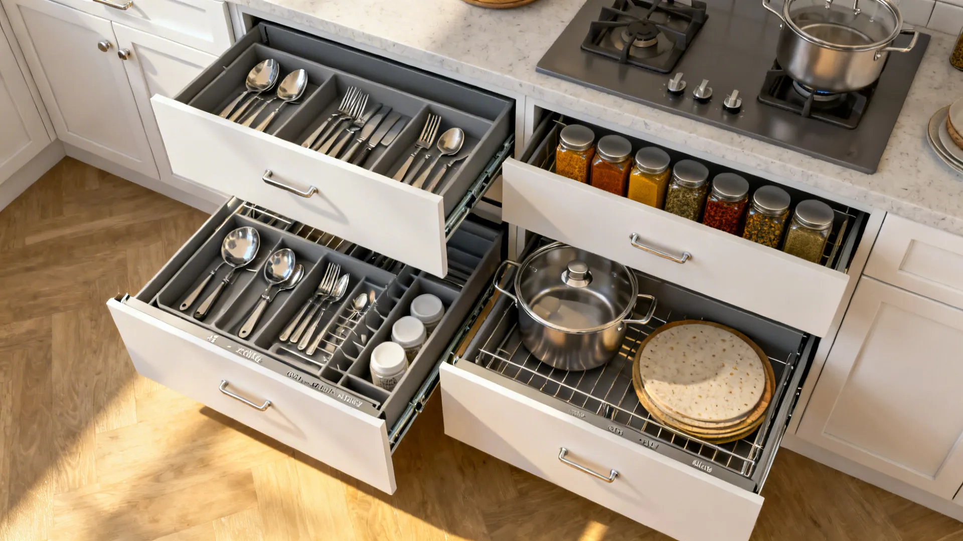 Top-down view of drawer-heavy base cabinets with oil and spice pull-outs and vertical dividers.