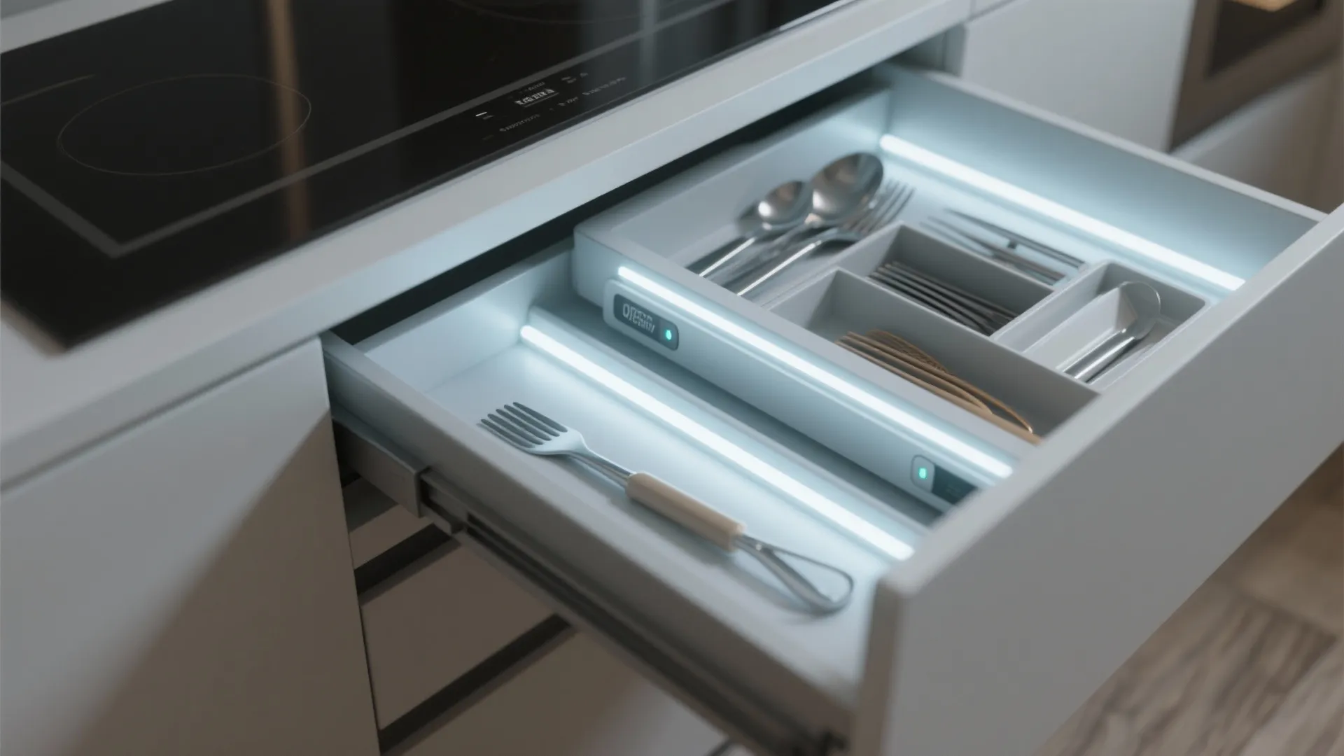 Integrated interior and strip lighting for drawers and open shelves