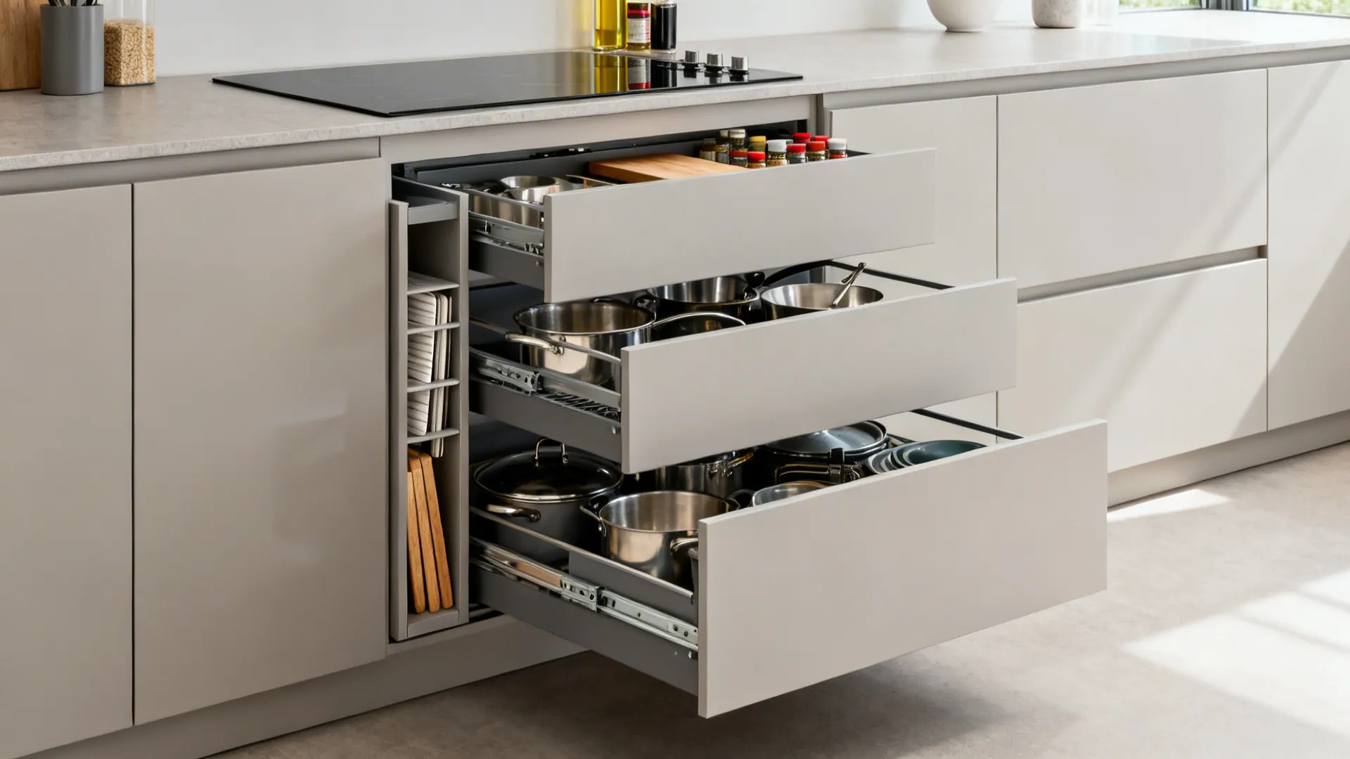 Small kitchen with open drawer stacks and vertical dividers organizing trays and cookware.