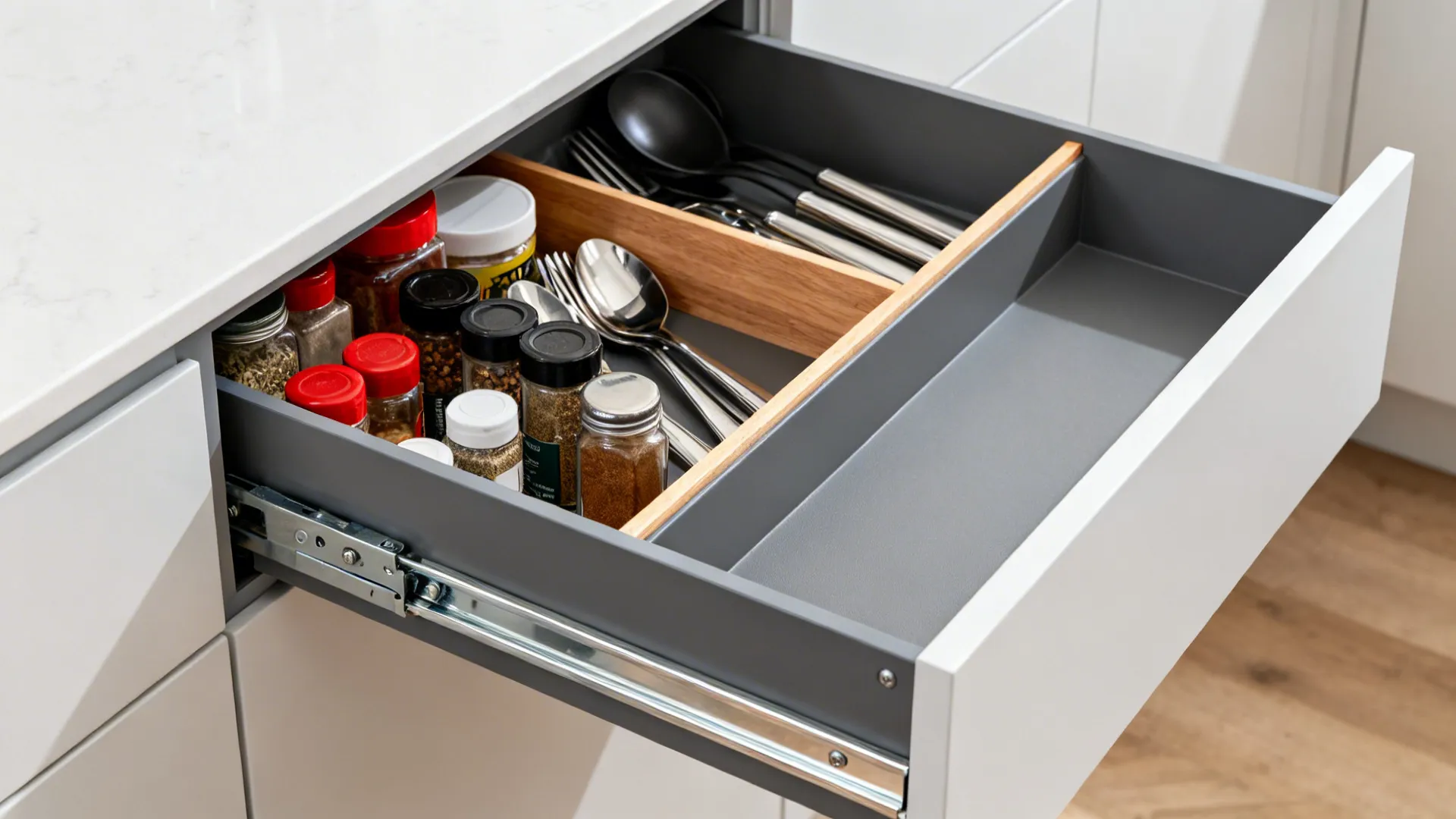 Macro of a full-extension drawer and a partially extended LeMans corner tray with refined hardware.