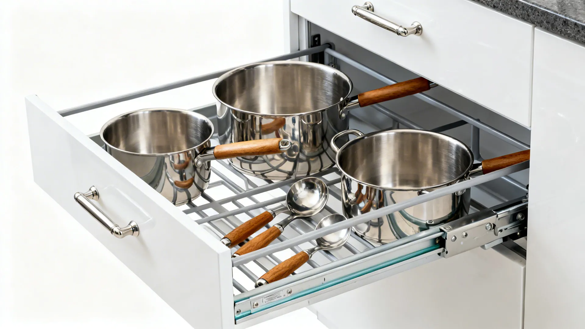 Macro of full-extension drawer channels and a sleek lift-up mechanism in a small kitchen.