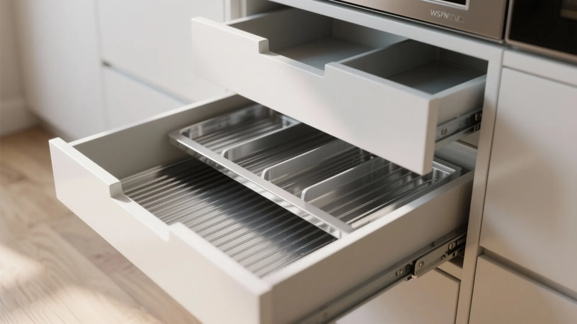 5) Built-in drawer bins with removable liners