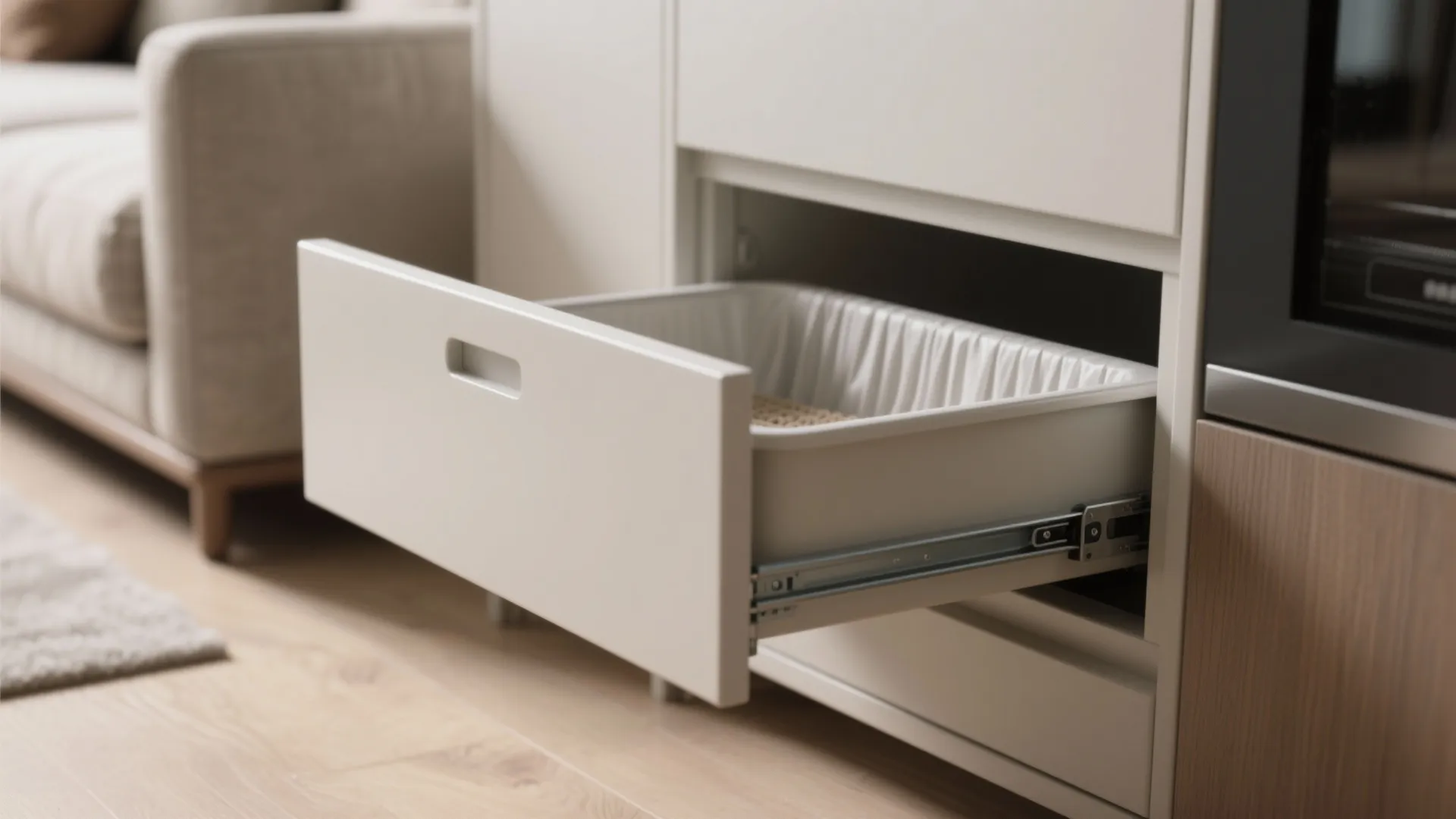 White cabinet with an open drawer showing a cat litter box inside a modern room