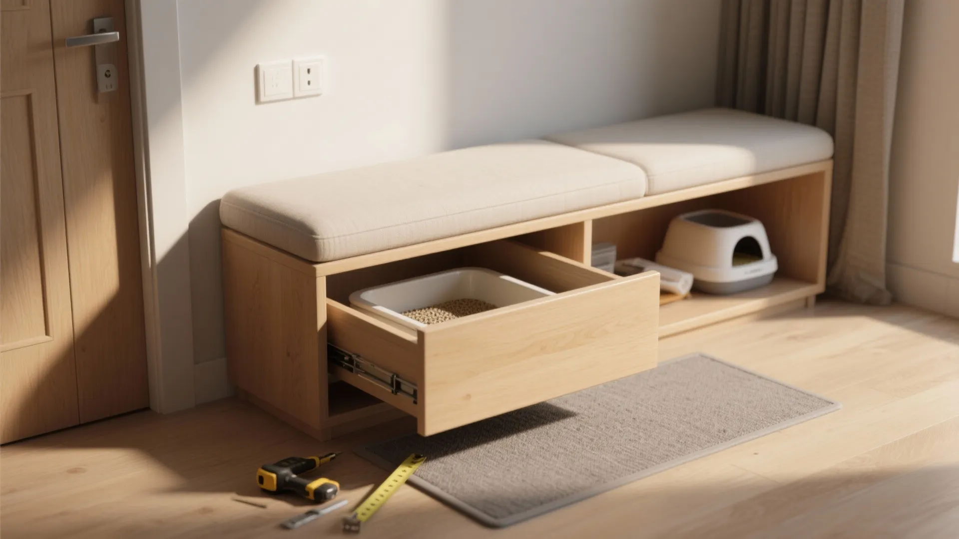 Wooden bench with a pull out drawer used as a cat litter box inside home