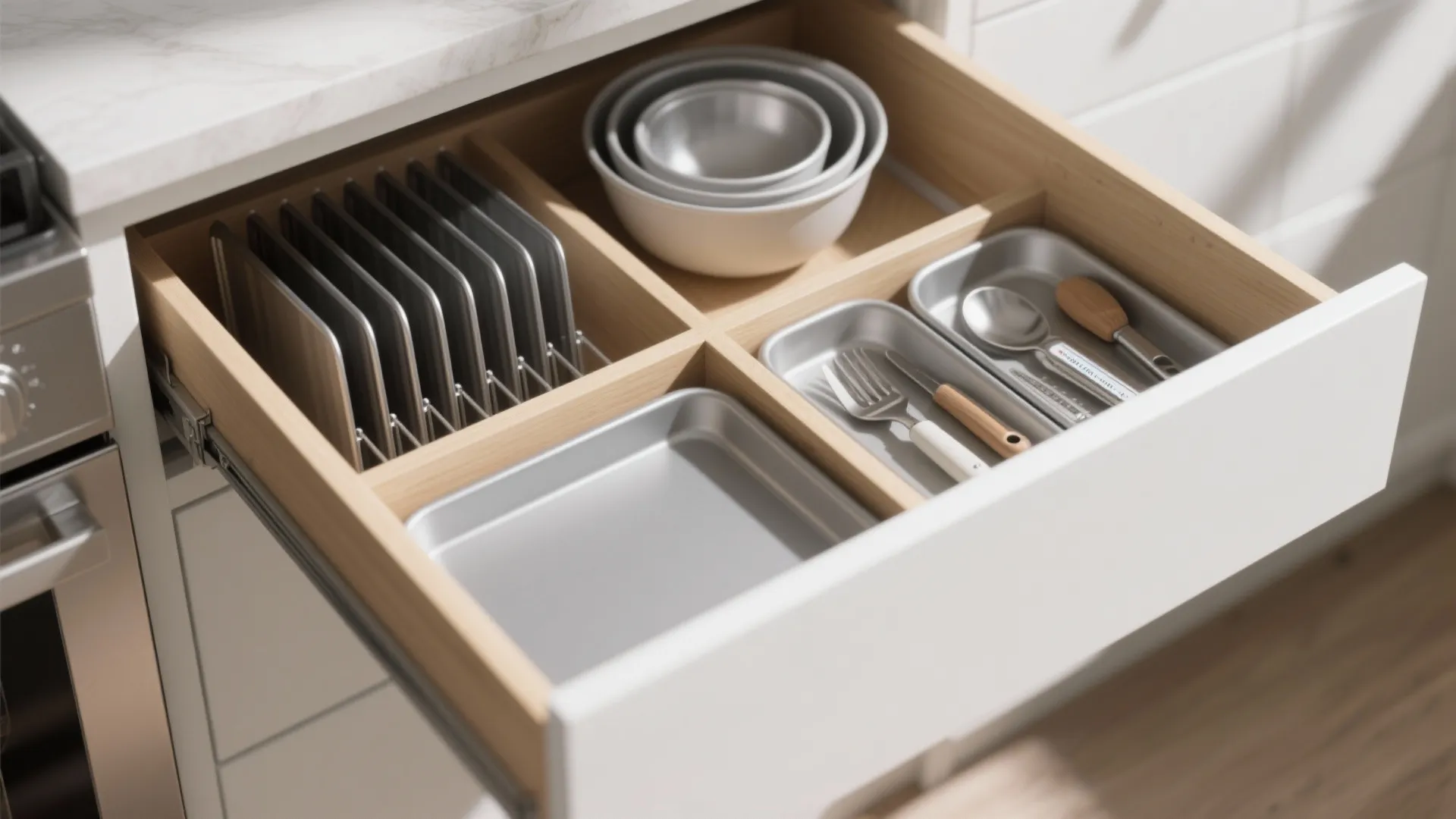 Open wooden kitchen drawer with organized dividers holding silver bowls metal trays forks and small spoons