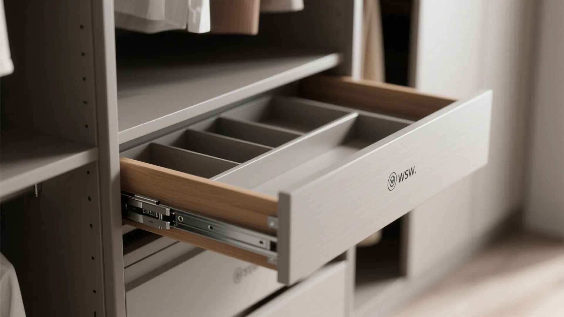 An open wooden drawer with grey dividers showing the metal sliding rail and internal storage