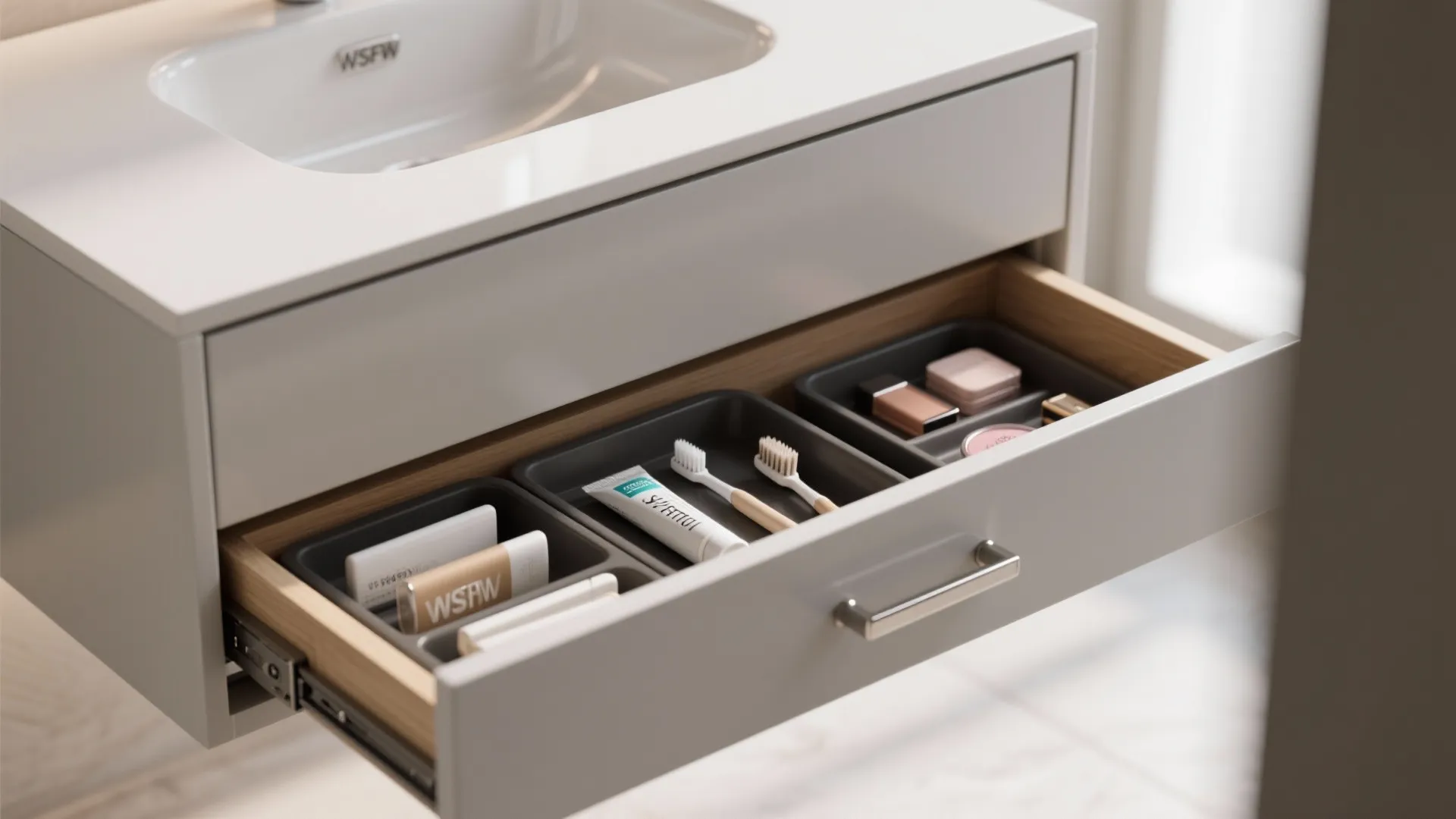 Drawer-first layouts and organizer inserts