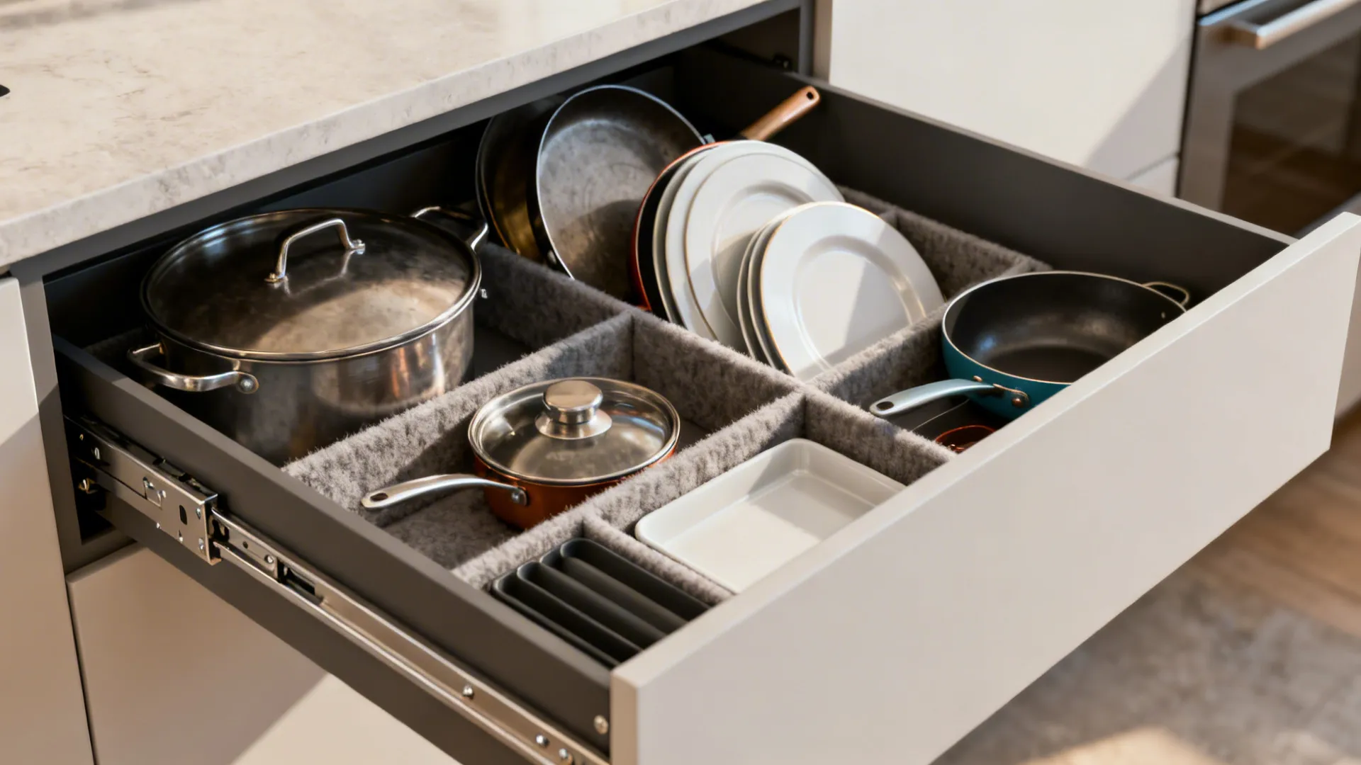 Close-up of a full-extension drawer with dividers and heavy-duty runners organizing cookware.