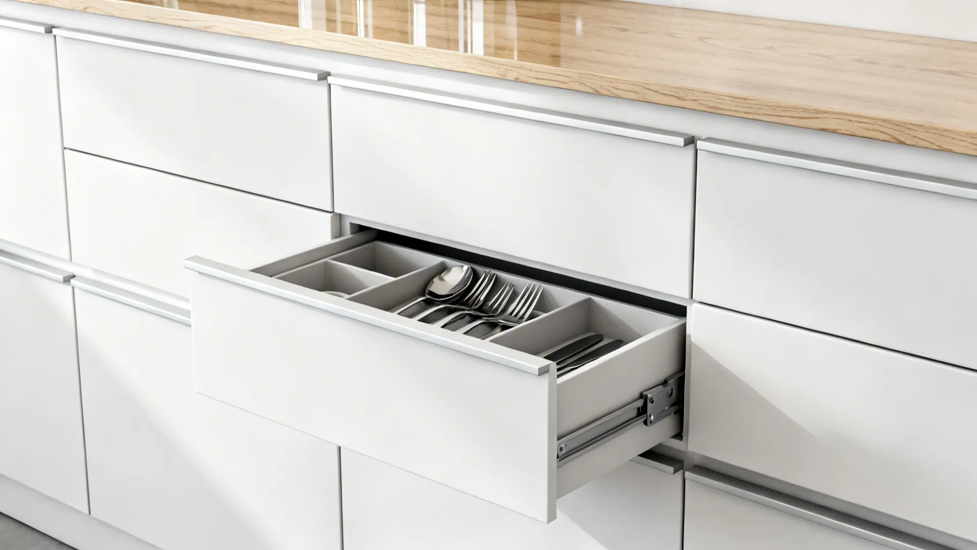 Macro of flat-front white kitchen drawers with clean ABS edging and soft-close hardware.