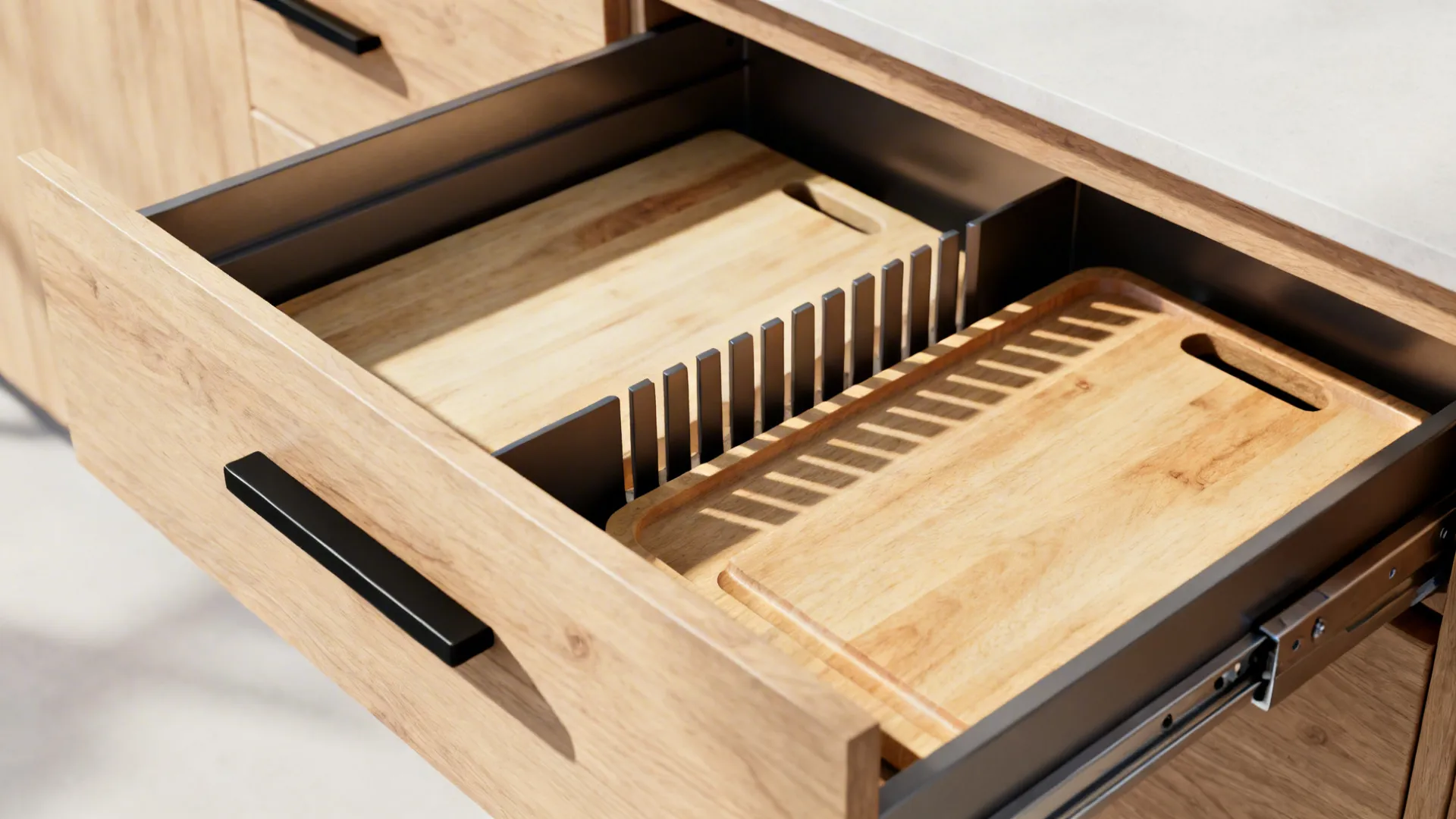 Macro of a full-extension oak kitchen drawer with vertical dividers and matte pull.