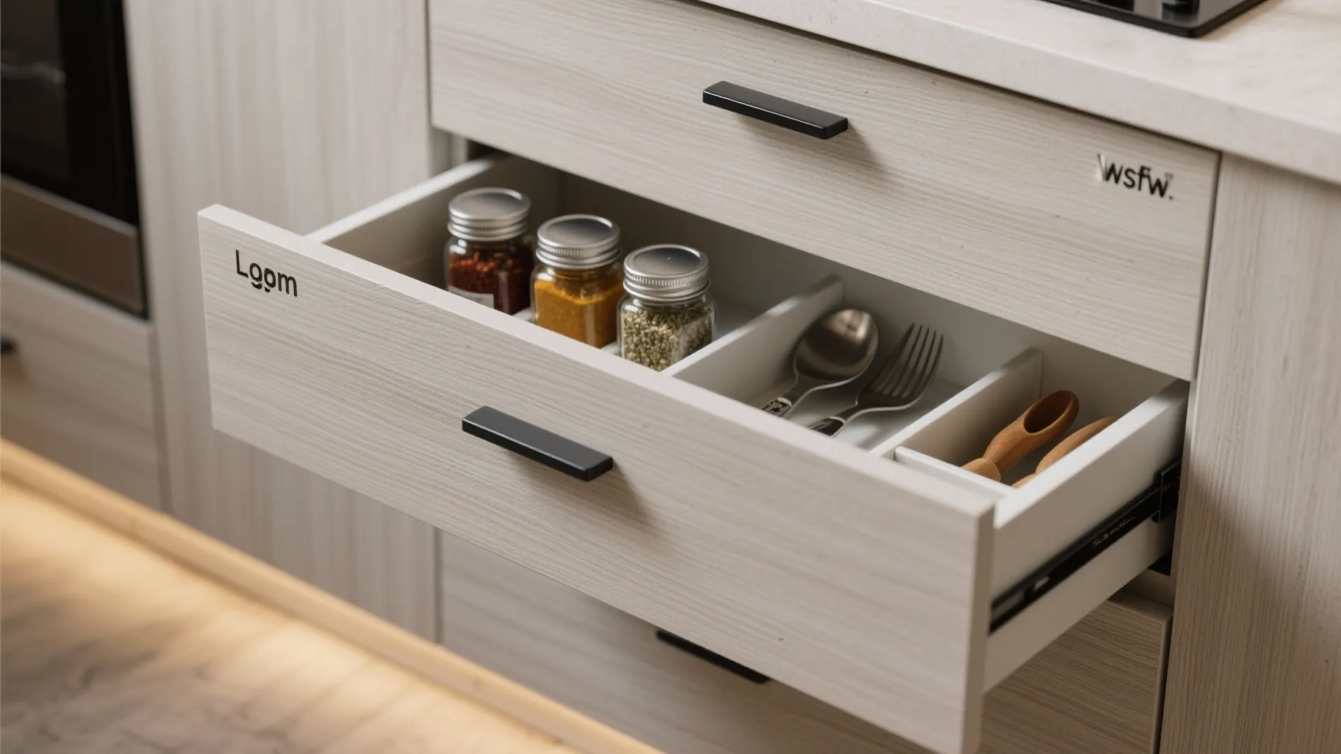 Open kitchen drawer with black handle showing spice jars, silver spoons, and forks inside organizer