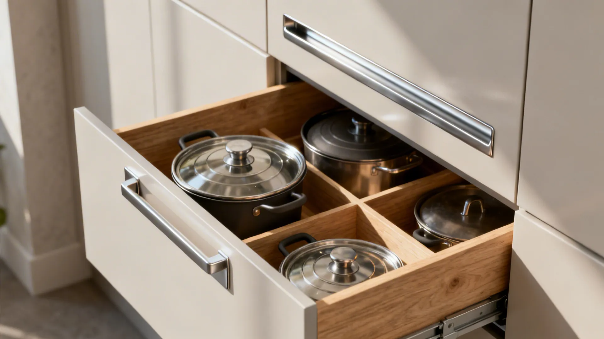 Open kitchen drawer with wooden dividers holding metal pots and lids in a modern cabinet