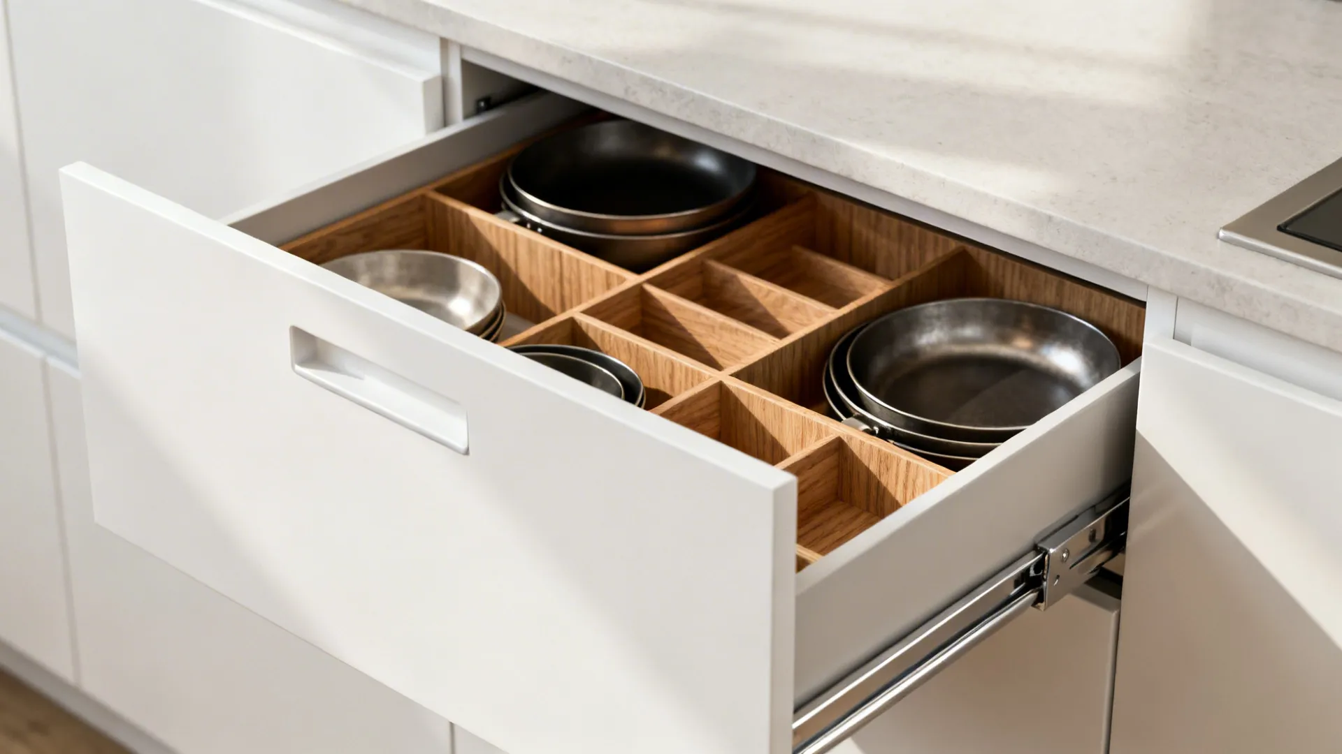 Macro of a soft-close kitchen drawer with oak dividers organizing pans in a matte white cabinet.