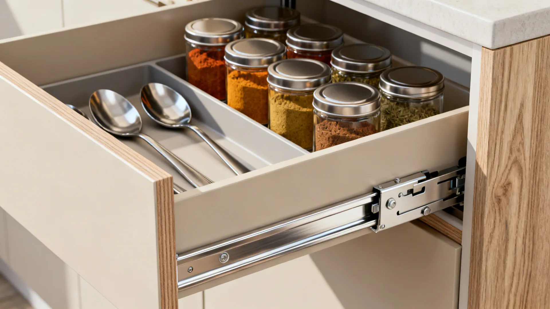 Macro detail of full-extension drawer hardware and organized masala tins.