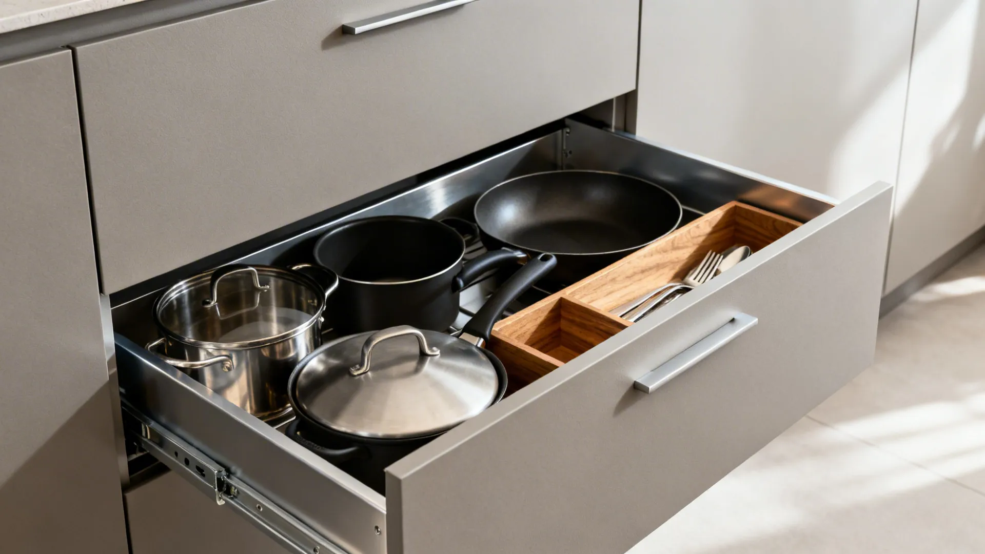 Macro of matte slab cabinet and deep drawer with organized cookware