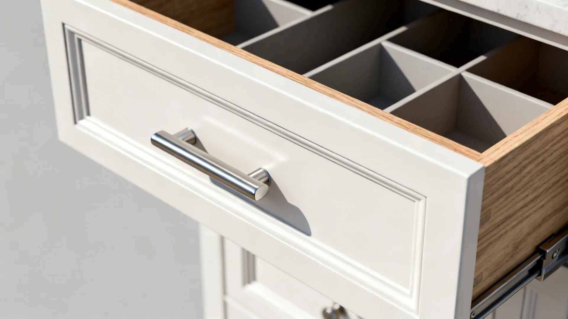 Macro of a minimalist drawer with soft-close slides and brushed nickel pull.