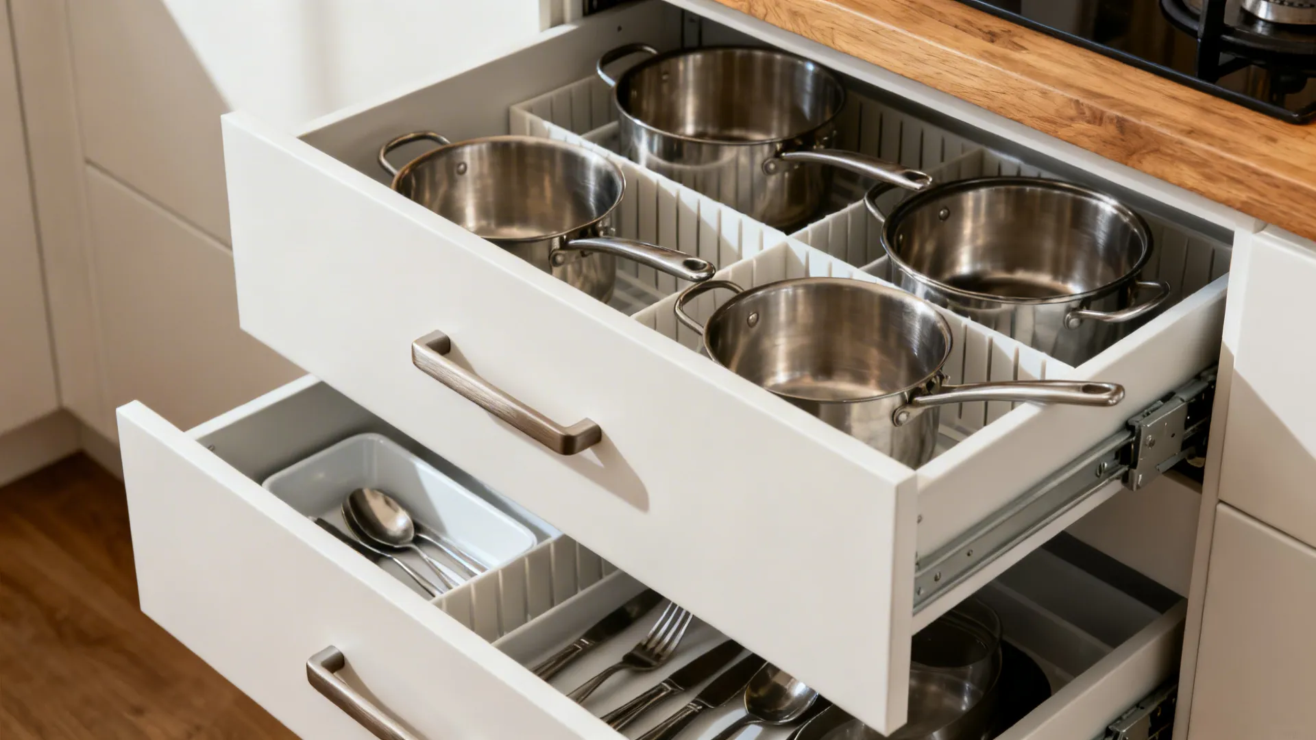Macro view of full-extension kitchen drawer with organized cookware in a matte white L-shaped kitchen.